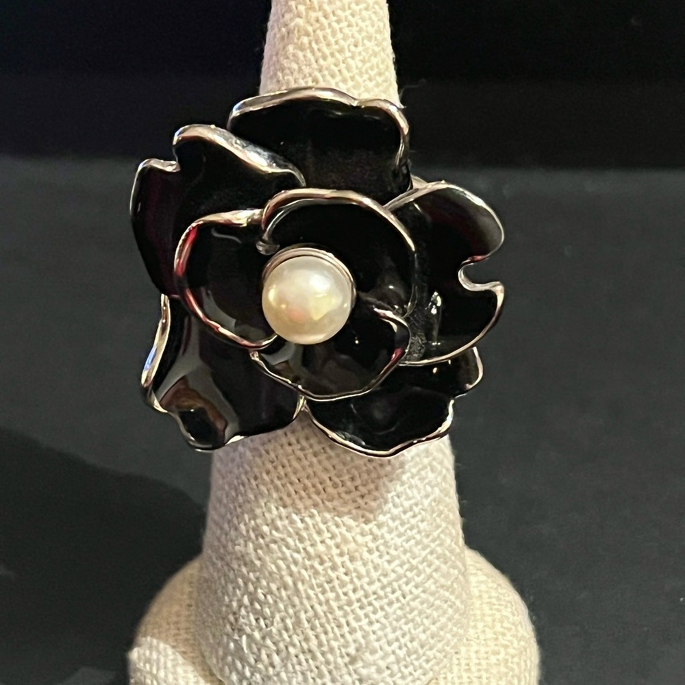 Black Ceramic Statement Flower Ring. Adjustable. - image 5